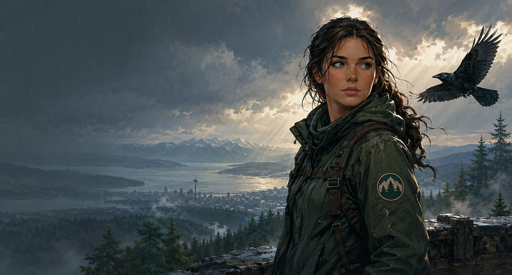 Cada and Sable the raven overlooking a vast evergreen Cascadian landscape