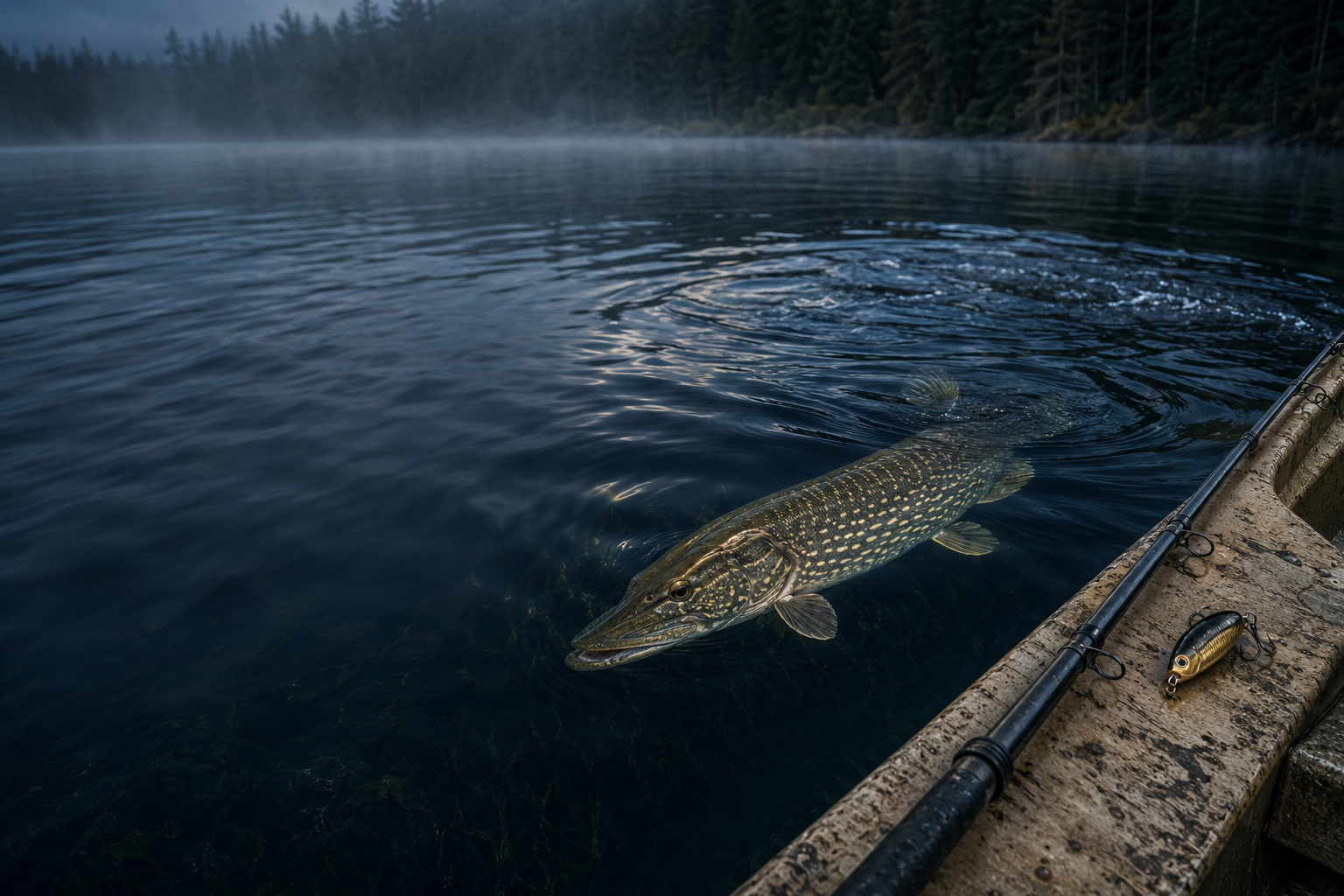 Freshwater fishing gear beside dark water in the rugged Pacific Northwest